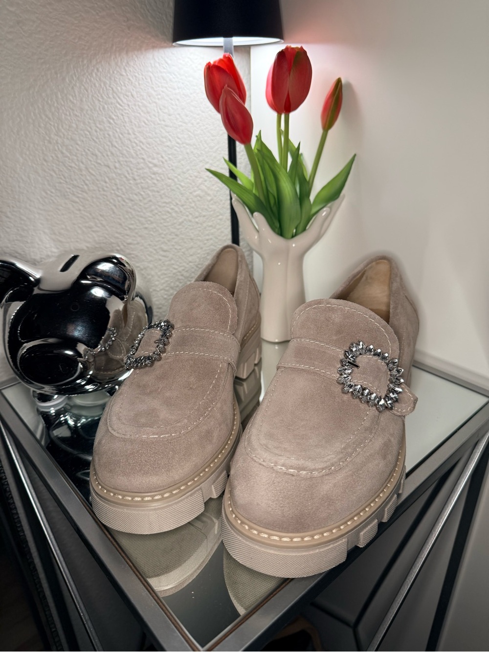 La CANADIENNE Taupe Suede Loafers with Crystal Buckle